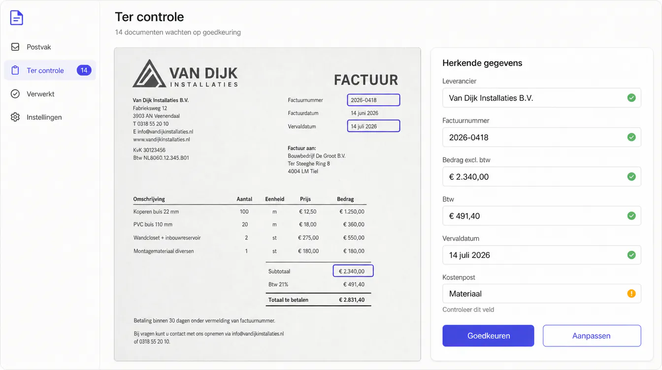 Voorbeeldscherm met demo gegevens: een binnengekomen factuur naast de velden die eruit zijn gelezen, met een knop om goed te keuren of aan te passen.